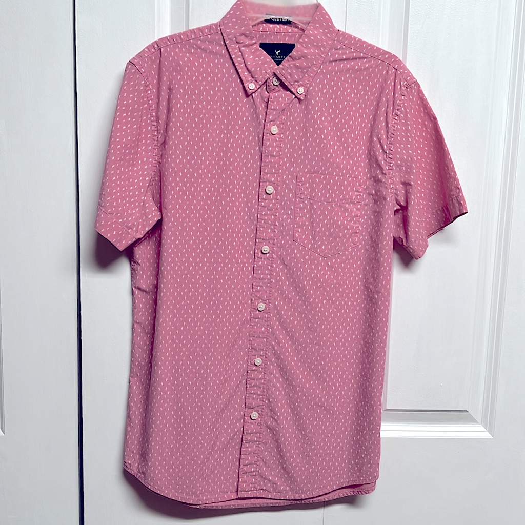American Eagle Pink White Cactus Print Pocket Short Sleeve Shirt Size Xs